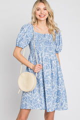 Blue Leaf Print Puff Sleeve Mini Dress