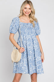 Blue Leaf Print Puff Sleeve Mini Dress