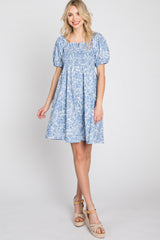 Blue Leaf Print Puff Sleeve Mini Dress