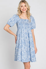 Blue Leaf Print Puff Sleeve Mini Dress