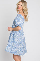 Blue Leaf Print Puff Sleeve Mini Dress