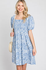 Blue Leaf Print Puff Sleeve Mini Dress