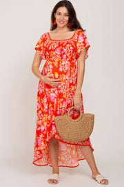 Orange Floral Off Shoulder High-Low Hem Maternity Dress