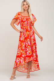 Orange Floral Off Shoulder High-Low Hem Dress