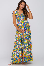 Blue Multi-Color Floral Sleeveless Smocked Tiered Maternity Maxi Dress