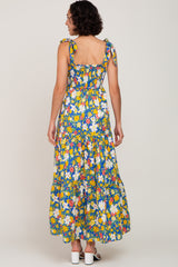 Blue Multi-Color Floral Sleeveless Smocked Tiered Maxi Dress