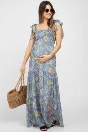 Blue Floral Smocked Shoulder Tie Maternity Maxi Dress