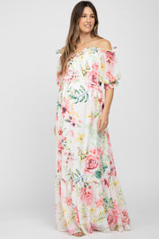 Ivory Floral Chiffon Off Shoulder Maternity Maxi Dress