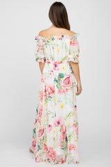 Ivory Floral Chiffon Off Shoulder Maternity Maxi Dress