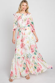 Ivory Floral Chiffon Off Shoulder Maxi Dress