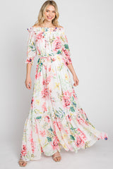 Ivory Floral Chiffon Off Shoulder Maternity Maxi Dress