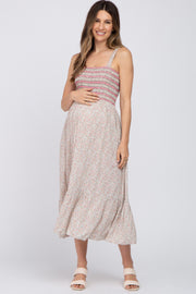 Pink Multi-Color Floral Smocked Sleeveless Maternity Midi Dress