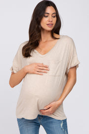 Beige Basic Pocket Front Short Sleeve Maternity Top