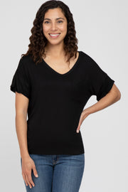 Black Basic Pocket Front Short Sleeve Top