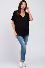 Black Basic Pocket Front Short Sleeve Maternity Top