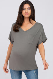 Olive Basic Pocket Front Short Sleeve Maternity Top