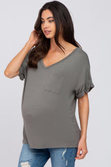 Olive Basic Pocket Front Short Sleeve Maternity Top