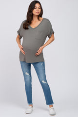 Olive Basic Pocket Front Short Sleeve Maternity Top