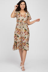 Beige Floral Button Maternity Midi Dress