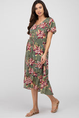 Olive Floral Button Maternity Midi Dress