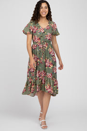 Olive Floral Button Midi Dress