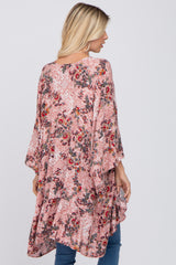 Pink Floral Ruffle Hem Hi-Low Cover Up