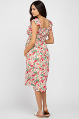 Ivory Floral Ruffle Accent Maternity Midi Dress