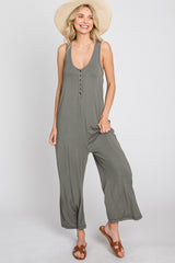 Olive Sleeveless Button Front Cropped Jumpsuit