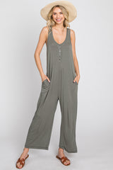 Olive Sleeveless Button Front Cropped Jumpsuit