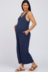 Navy Blue Sleeveless Button Front Cropped Maternity Jumpsuit