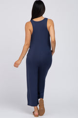 Navy Blue Sleeveless Button Front Cropped Maternity Jumpsuit