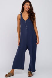 Navy Blue Sleeveless Button Front Cropped Jumpsuit