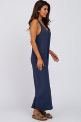 Navy Blue Sleeveless Button Front Cropped Jumpsuit