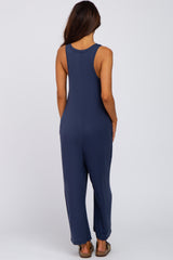 Navy Blue Sleeveless Button Front Cropped Jumpsuit