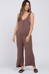 Mocha Sleeveless Button Front Cropped Maternity Jumpsuit