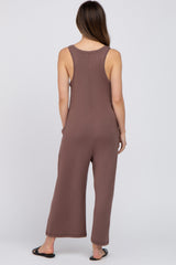 Mocha Sleeveless Button Front Cropped Maternity Jumpsuit