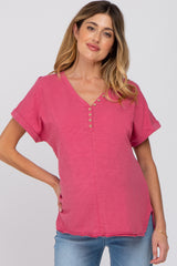 Magenta Heathered Button Accent Short Sleeve Maternity Top