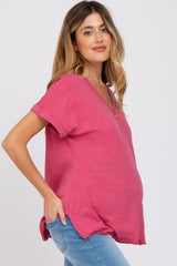 Magenta Heathered Button Accent Short Sleeve Maternity Top