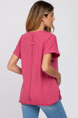 Magenta Heathered Button Accent Short Sleeve Maternity Top