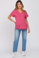 Magenta Heathered Button Accent Short Sleeve Maternity Top