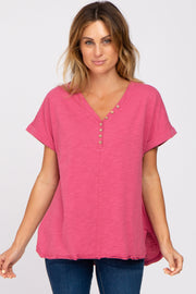 Magenta Heathered Button Accent Short Sleeve Top