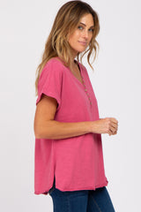 Magenta Heathered Button Accent Short Sleeve Top