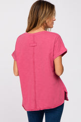 Magenta Heathered Button Accent Short Sleeve Top