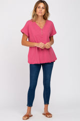 Magenta Heathered Button Accent Short Sleeve Top