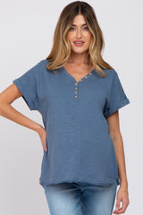 Navy Heathered Button Accent Short Sleeve Maternity Top