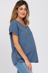 Navy Heathered Button Accent Short Sleeve Maternity Top