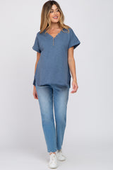 Navy Heathered Button Accent Short Sleeve Maternity Top