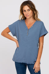 Navy Heathered Button Accent Short Sleeve Maternity Top