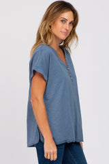 Navy Heathered Button Accent Short Sleeve Top