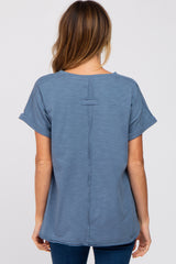 Navy Heathered Button Accent Short Sleeve Top